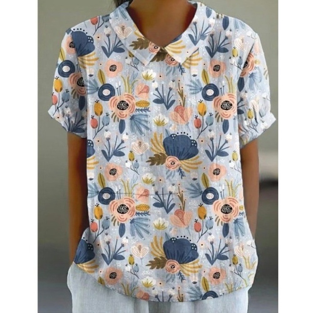 Zeazi Floral Art Print Cotton Linen Shirt Peter Pan Collar‎ Multicolor Sz 2XL